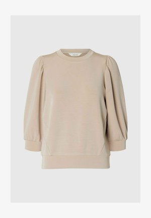 Felpa beige con maniche a sbuffo arricciate, scollo rotondo e tessuto morbido. Presenta una vestibilità leggermente ampia e orlo a coste.