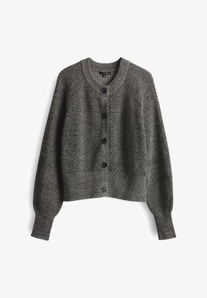 Dunkelgrauer Strickcardigan mit Rundhalsausschnitt, langen Puffärmeln und schwarzen Knöpfen. Verfügt über einen strukturierten Stoff und einen gerippten Saum.