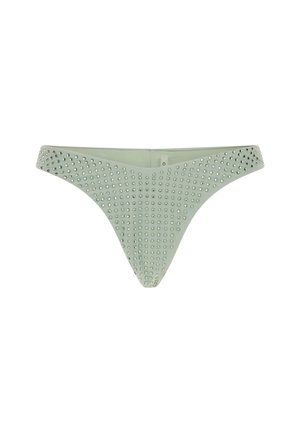 Green thong with a smooth texture, embellished with small silver studs arranged in a pattern across the front and sides.