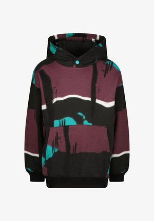 Felpa con cappuccio con motivo astratto nero, marrone scuro e verde acqua. Presenta una tasca frontale e polsini e orlo a coste.