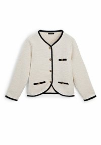Creme-kleurige cardigan van textuur met zwarte afwerking, ronde halslijn, gouden knopen en drie voorklauwen met knoopdetails.