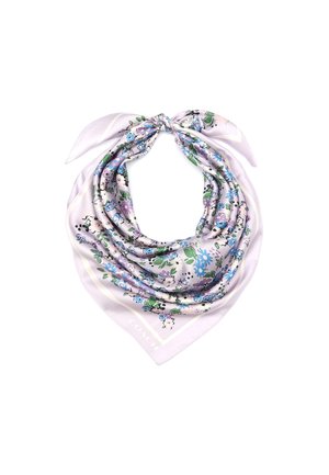 Kwadratowa jedwabna chustka z wiązaniem w supeł, z pastelowo fioletowym tłem i kwiatowym wzorem w odcieniach niebieskiego, zielonego i lawendy.