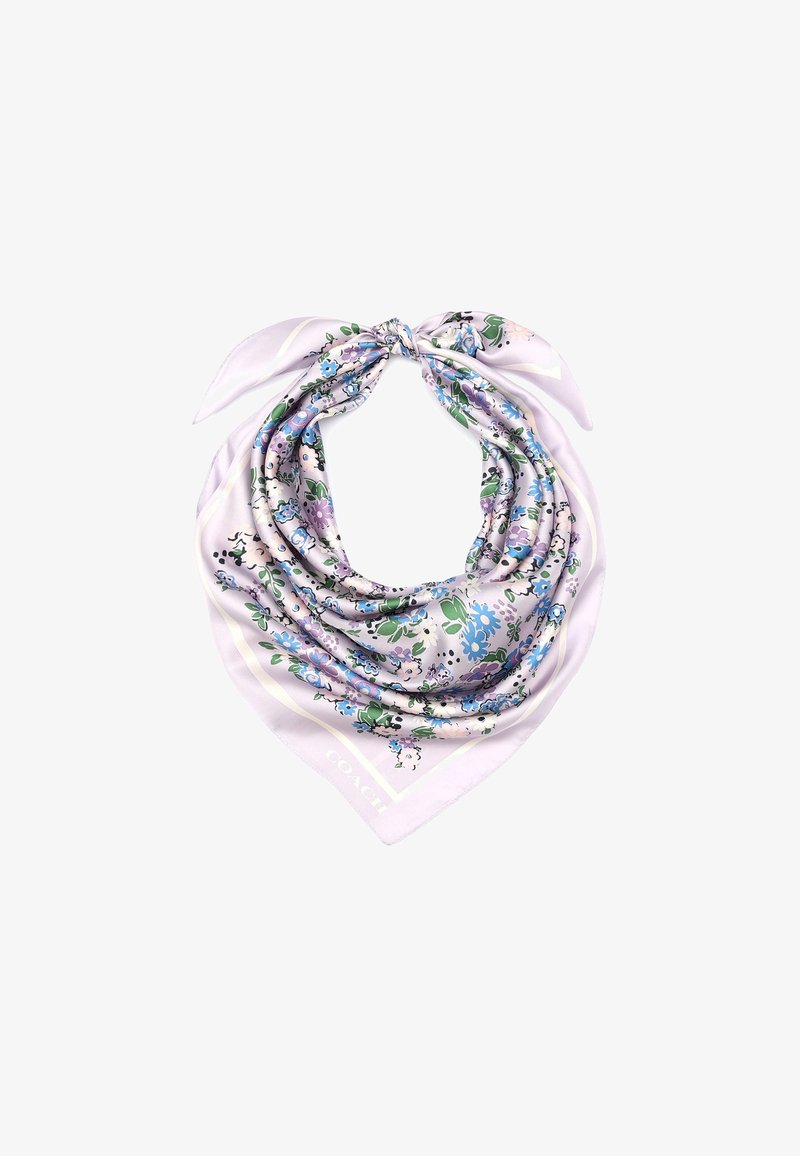 Foulard carré en soie avec un nœud noué, présentant un fond violet pastel et un motif floral bleu, vert et lavande.