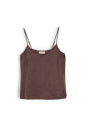 Brązowa satynowa koszulka na ramiączkach z cienkimi regulowanymi paskami, z dekoltem w kształcie litery V i gładką teksturą, oferująca elegancki i minimalistyczny design.