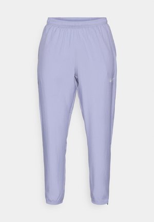 Light purple athletic pants with elastic waistband and cuffs, featuring a small white Nike swoosh logo on the right thigh.