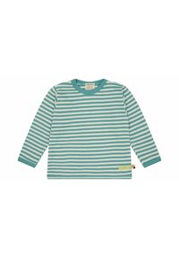 Camicia a maniche lunghe a righe blu e bianche, realizzata in morbido materiale, con scollatura rotonda e un piccolo etichetta del logo sull'orlo inferiore.