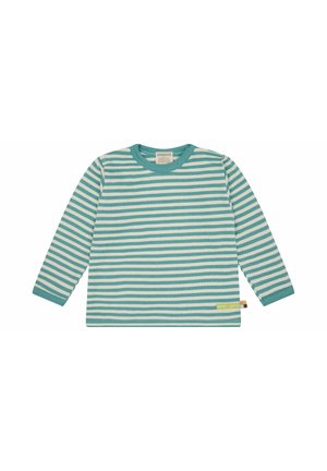 Camicia a maniche lunghe a righe blu e bianche, realizzata in morbido materiale, con scollatura rotonda e un piccolo etichetta del logo sull'orlo inferiore.