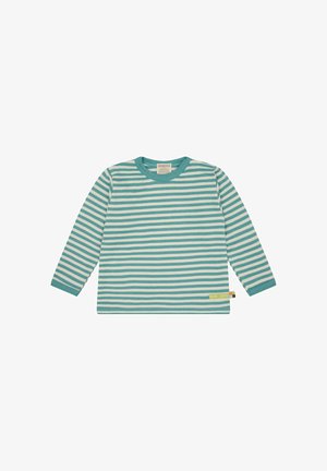 Langsleeve blauw-wit gestreepte shirt, gemaakt van zacht materiaal, met een ronde halslijn en een klein logo-label aan de onderzoom.
