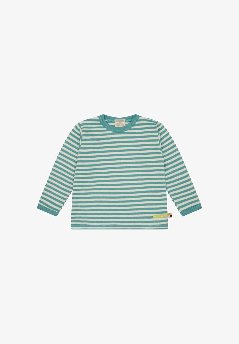 Langärmliges blau-weiß gestreiftes Hemd, aus weichem Material gefertigt, mit einem runden Ausschnitt und einem kleinen Logostick auf dem unteren Saum.