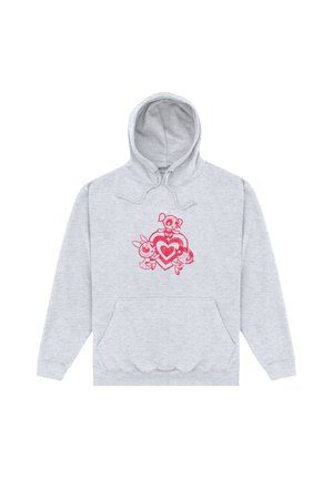 Grå hættetrøje med et centralt pink grafisk design med tegneseriefigurer og et hjerte. Inkluderer en frontlomme og justerbar hætte.