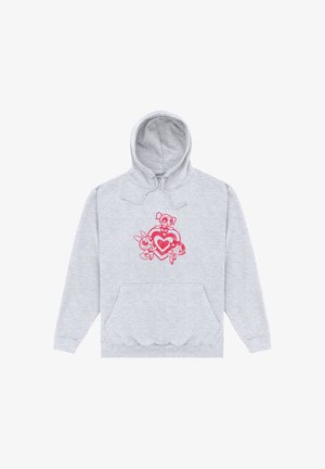 Grå hættetrøje med et centralt pink grafisk design med tegneseriefigurer og et hjerte. Inkluderer en frontlomme og justerbar hætte.