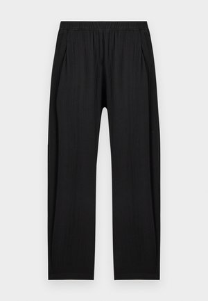 Pantalon noir droit avec taille élastique et poches latérales, en tissu léger.