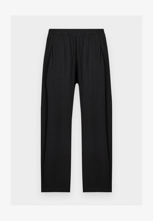 Pantalon noir droit avec taille élastique et poches latérales, en tissu léger.