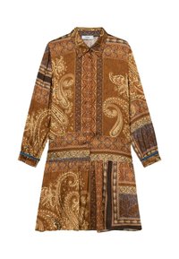 Langarm, bruine jurk met een paisley- en geometrisch patroon, knoopsluiting aan de voorkant en een geplooide rok met contrasterende blauwe accenten.