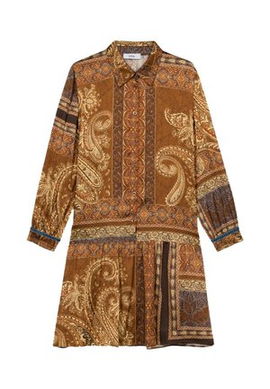 Langärmliges, braunes Kleid mit einem Paisley- und geometrischen Muster, durchgehender Knopfleiste und plissierten Rock mit kontrastierenden blauen Akzenten.