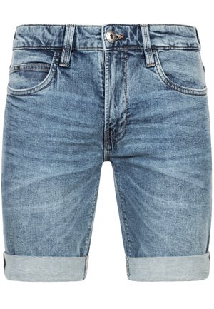 Lichtblauwe denim shorts met een vervaagde afwerking, uitgerust met vijf zakken, een knoopsluiting en opgerolde zoomranden. Geweven, casual ontwerp.