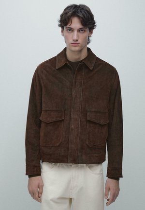 SUEDE FINISH WITH SHIRT COLLAR - Leren jas - mottled dark brown