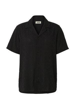 Black short-sleeve button-up shirt with a camp collar and subtle textured pattern, labeled "Drykorn" inside the neckline.