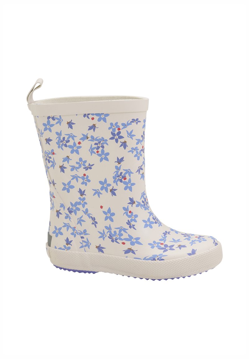Botte de pluie florale blanche avec motif de fleurs bleues, extérieur en caoutchouc texturé, bout arrondi et languette pour un enfilage facile.