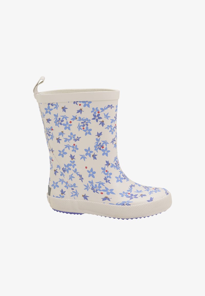 Botte de pluie florale blanche avec motif de fleurs bleues, extérieur en caoutchouc texturé, bout arrondi et languette pour un enfilage facile.