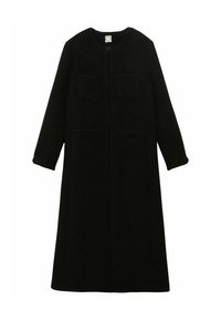 Manteau en laine noir avec des manches longues, coupe à hauteur du genou, décolleté rond, deux poches avant, texture lisse, accents de couture minimaux.