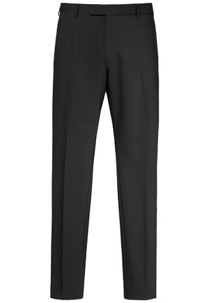 Black trousers with a tailored fit, featuring a flat front, side pockets, belt loops, and a smooth texture. Classic design suitable for formal wear.