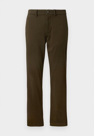 Dark green chino pants featuring a classic fit, belt loops, and a front button closure. Smooth, textured fabric with straight legs.