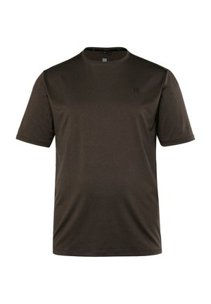 Braunes kurzärmliges T-Shirt aus weichem Stoff mit rundem Halsausschnitt und dezentem Logo auf der Brust. Sanfte Textur, athletischer Schnitt.