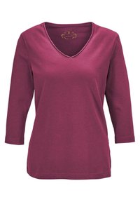 Weinrote Baumwoll-T-Shirt mit V-Ausschnitt, Dreiviertelärmeln und lockerer Passform. Verfügt über feine Nähte und einen leicht abgerundeten Saum.
