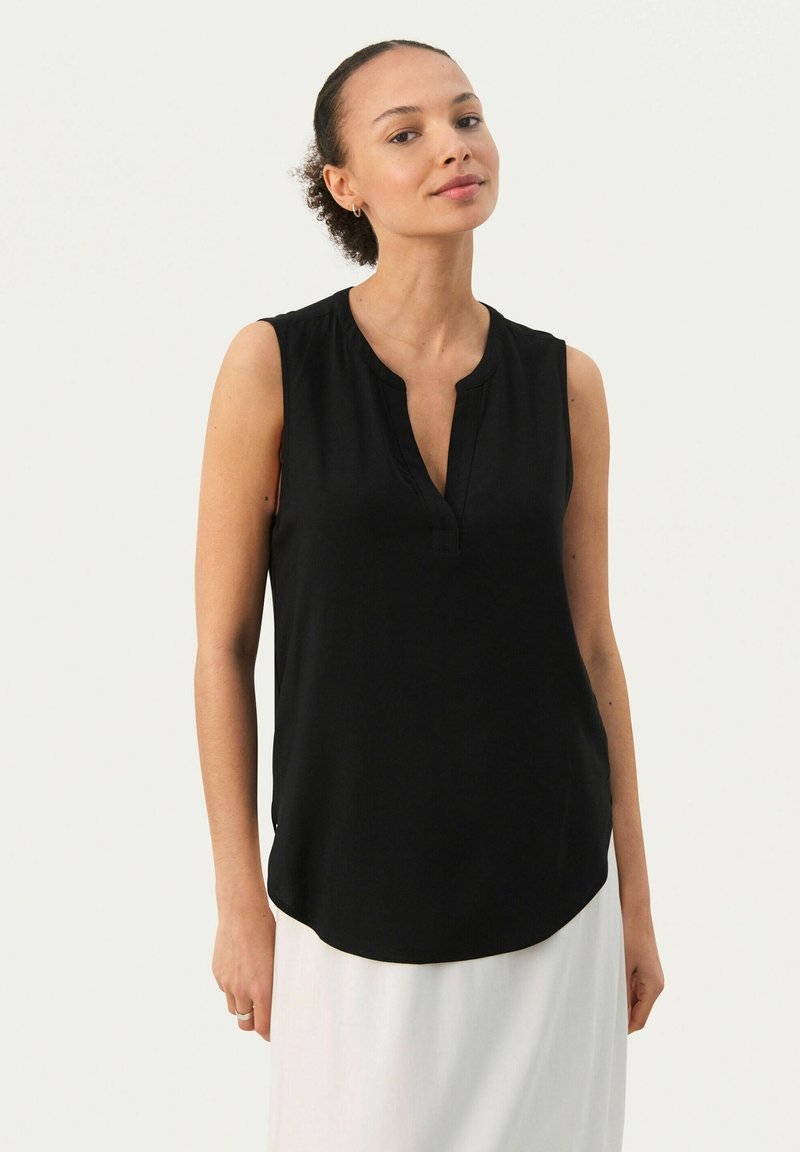 Top negro sin mangas con cuello en pico, hecho de una tela suave. Corte recto con dobladillo redondeado, diseño minimalista.