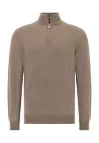 Taupe langärmliger Strickpullover mit gerippten Bündchen und Saum, ausgestattet mit einem Viertel-Reißverschluss-Kragen.