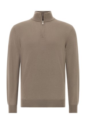 Pull en maille taupe à manches longues avec des poignets et un bas côtelés, doté d'un col zippé quart.