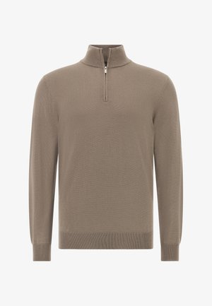 Maglione in maglia lungo taupe con maniche lunghe e polsini e orlo a coste, dotato di colletto con zip a metà.