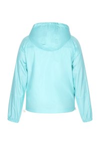 Lichtblauwe, lichtgewicht jas met een capuchon, elastische manchetten en trekkoord in de zoom. Glad textuur, minimalistisch ontwerp en naadpaneel aan de achterkant.