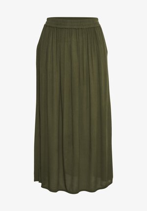 Lang, olivengrøn nederdel lavet af letvægtsstof, med plisseret design og elastisk talje for komfort.