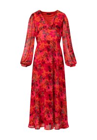 Lang, vloeiende jurk in levendig rood met bloemenpatronen. Kenmerkt een V-hals, pofmouwen en een smalle taille voor een A-lijn silhouet.