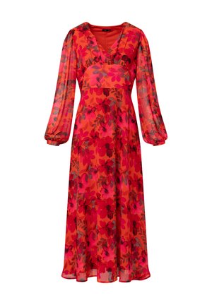 Robe longue et fluide de couleur rouge vif avec des motifs floraux. Présente un col en V, des manches bouffantes et une taille cintrée pour une silhouette en A.