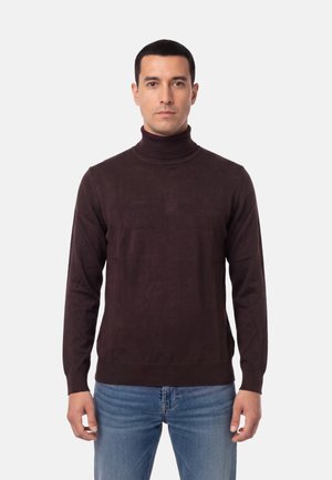 Uomo che indossa un maglione dolcevita marrone scuro e jeans blu, in piedi davanti a uno sfondo chiaro e uniforme, di fronte.