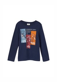 Marine blauwe longsleeve shirt met dierenmotorfietsillustraties en tekst met rhinoceros, krokodil en tijgerfiguren in een comicstijl design.