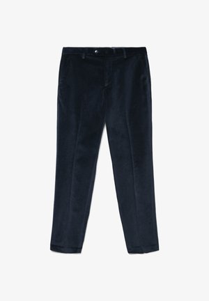 Pantaloni in corduroy blu navy con gamba dritta, dotati di chiusura a bottone e passanti per cintura, texture liscia e senza motivi visibili.