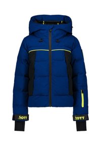 Blauwe gewatteerde jas met zwarte accenten, ritssluiting aan de voorkant, verstelbare kap en neongele details op de borst en manchetten. Voorzien van meerdere zakken.