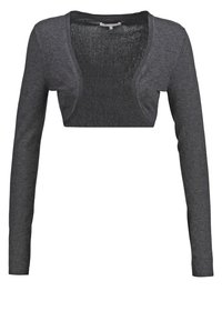 Graue kurz geschnittene Strickjacke mit langen Ärmeln, aus einem gestrickten Material, mit einem tiefen V-Ausschnitt und gerippten Akzenten an den Kanten.