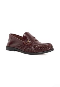 Burgundy leather moccasin loafer with a pleated design, raised seam accents, and a flat rubber sole for comfortable wear.