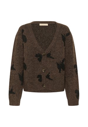Brun stickad cardigan med v-ringning, prydd med svarta abstrakta mönster och tre stora knappar framtill. Mjuk textur, avslappnad design.