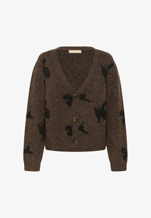 Cardigan lavorato a maglia marrone con scollo a V, caratterizzato da motivi astratti neri e tre grandi bottoni sul davanti. Texture morbida, design casual.