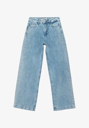 Vaaleansiniset, väljät farkut, jotka on valmistettu denimistä. Farkuissa on haalistunut pinta ja pientä strassikivikoristusta sivusaumoissa.