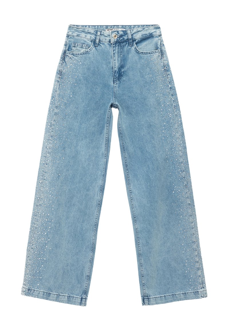 Jeans de pernera ancha en azul claro, confeccionados en denim, con un acabado desgastado y adornos de pequeños strass a lo largo de las costuras laterales.