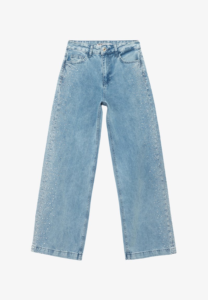 Vaaleansiniset, väljät farkut, jotka on valmistettu denimistä. Farkuissa on haalistunut pinta ja pientä strassikivikoristusta sivusaumoissa.