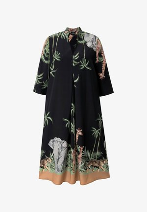 Černé šaty s krátkými rukávy, zdobené vzorem zvířat a listů palem. Mezi významnými ilustracemi najdete slony, žirafy a tygry.