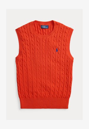 Strikket vest uten ermer i levende oransje, med ribbet halslinning og kant, og en liten blå logo på brystet.